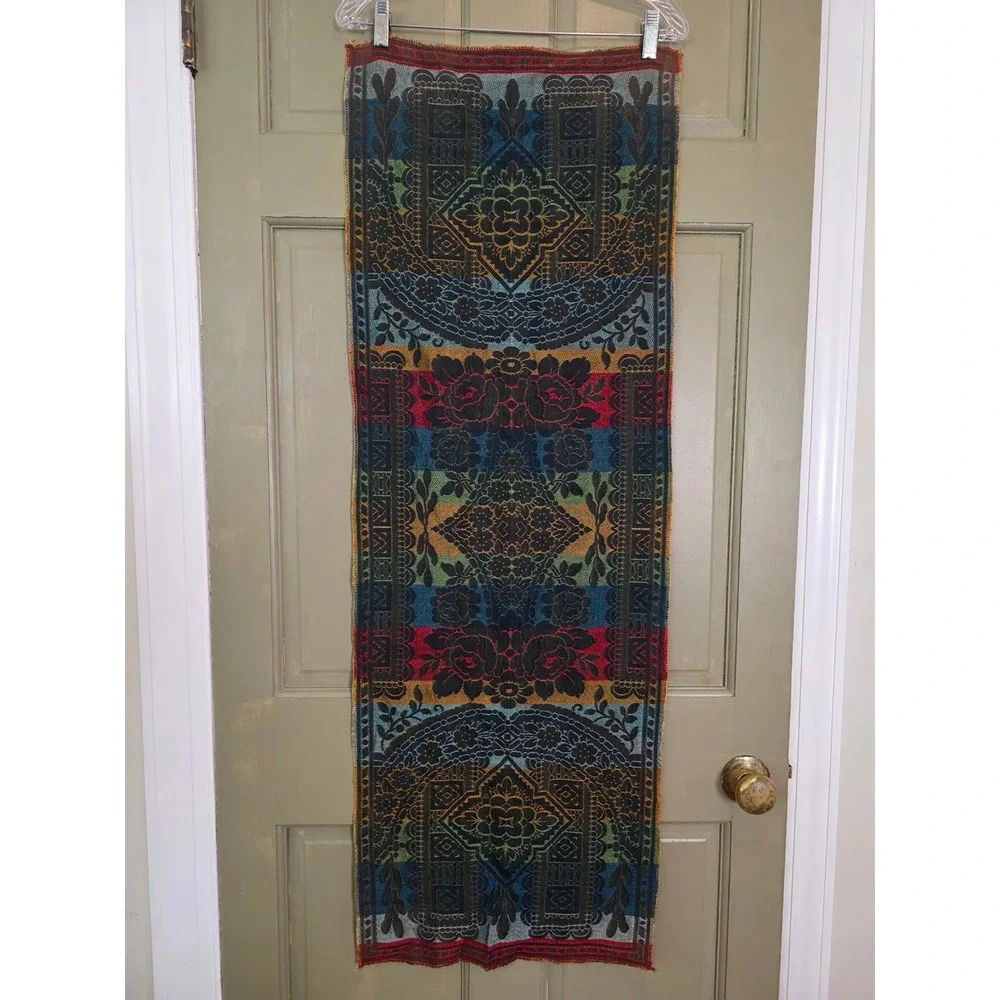 Vintage Woven Tapestry Floral Damask Table Runner Wall Hanging Gold Red Blue